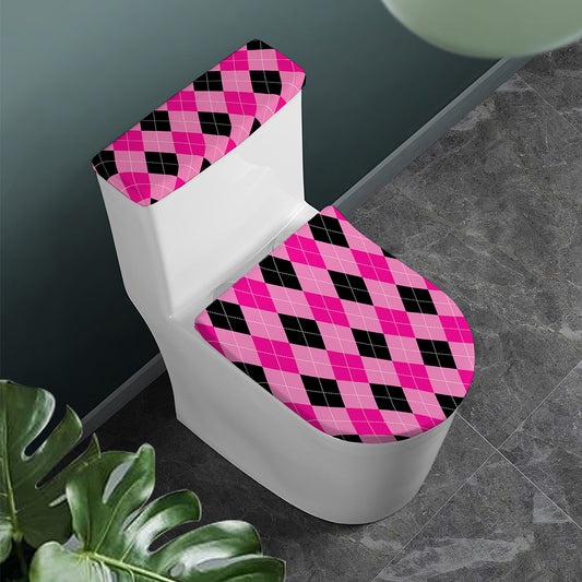 Pink And Black Argyle Pattern Print Toilet Lid And Tank Cover Set