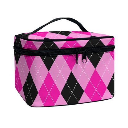 Pink And Black Argyle Pattern Print Travel Makeup Bag