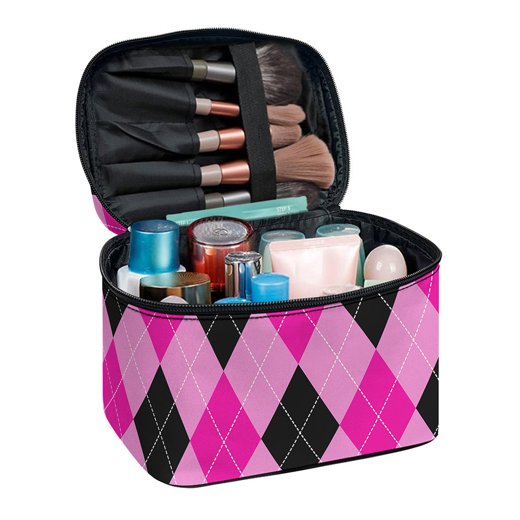 Pink And Black Argyle Pattern Print Travel Makeup Bag