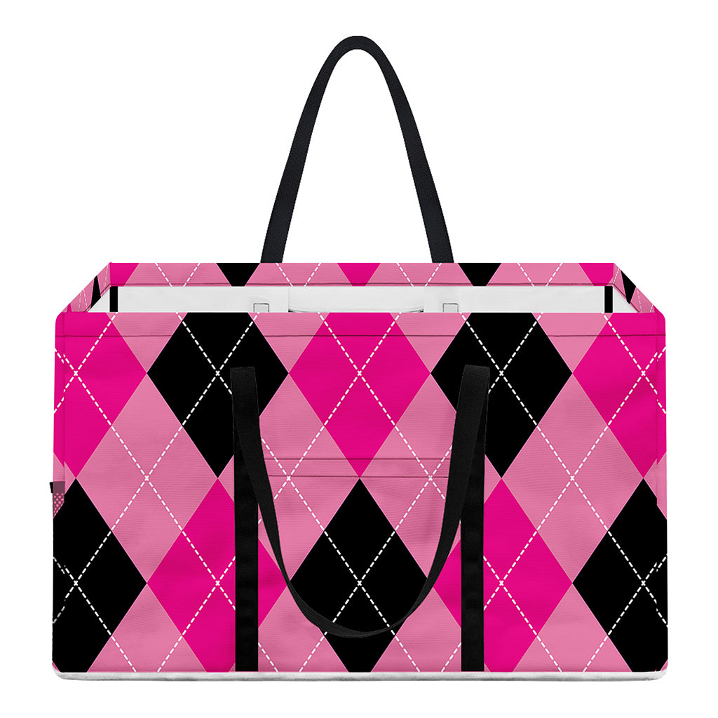 Pink And Black Argyle Pattern Print Utility Tote Bag