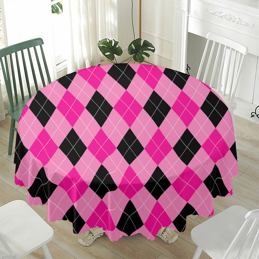 Pink And Black Argyle Pattern Print Waterproof Round Tablecloth