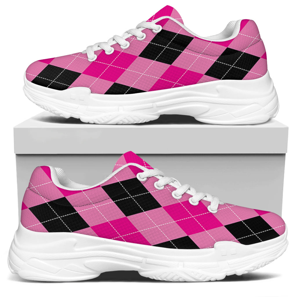 Pink And Black Argyle Pattern Print White Chunky Shoes