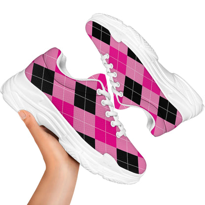 Pink And Black Argyle Pattern Print White Chunky Shoes