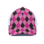 Pink And Black Argyle Pattern Print White Mesh Trucker Cap