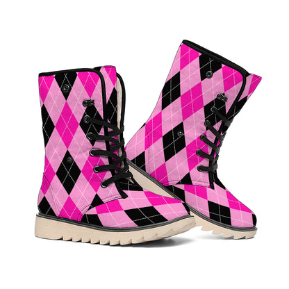 Pink And Black Argyle Pattern Print Winter Boots