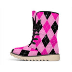 Pink And Black Argyle Pattern Print Winter Boots