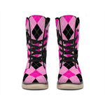 Pink And Black Argyle Pattern Print Winter Boots