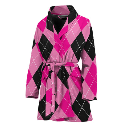 Pink And Black Argyle Pattern Print Women's Bathrobe