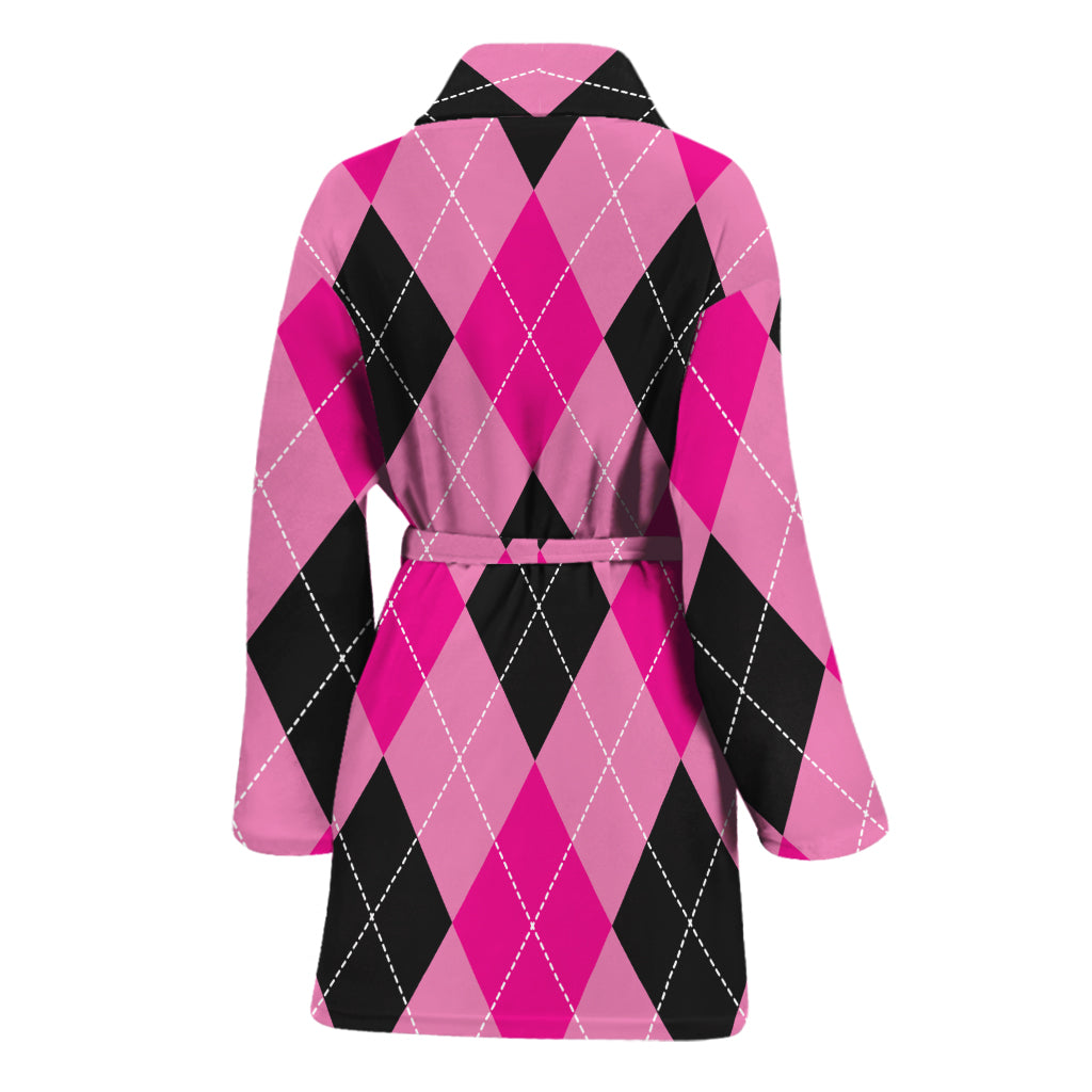 Pink And Black Argyle Pattern Print Women's Bathrobe