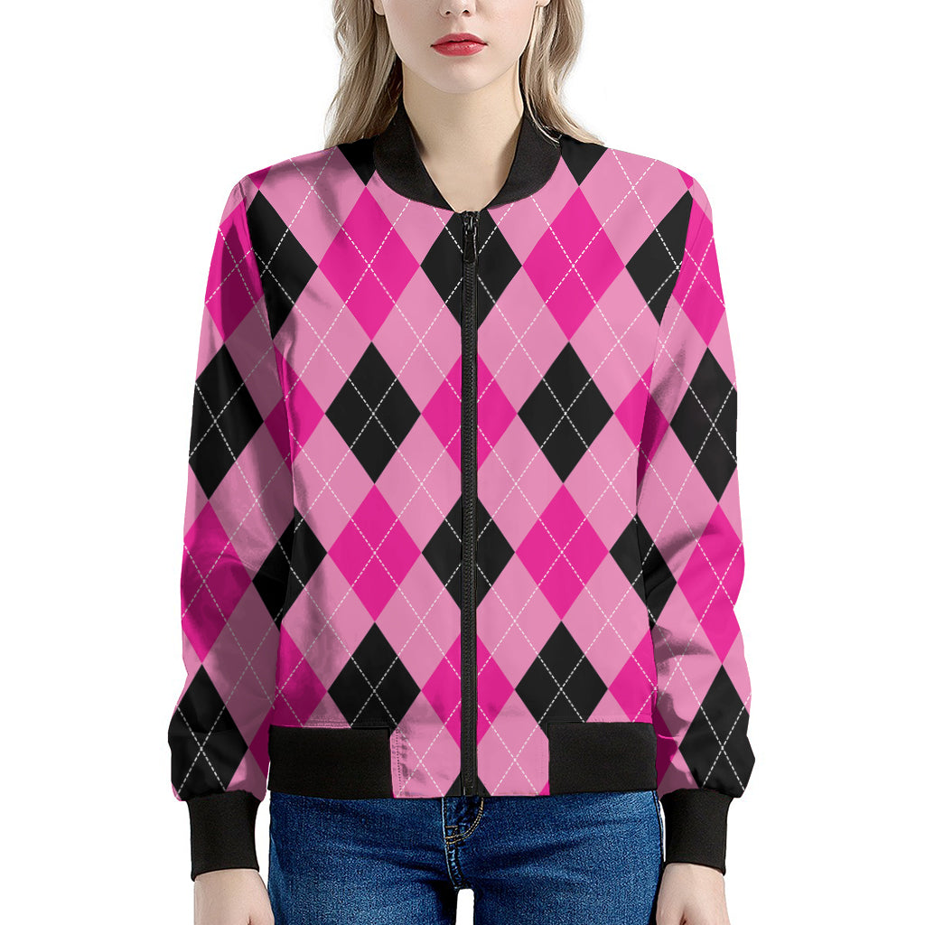 Pink And Black Argyle Pattern Print Women's Bomber Jacket