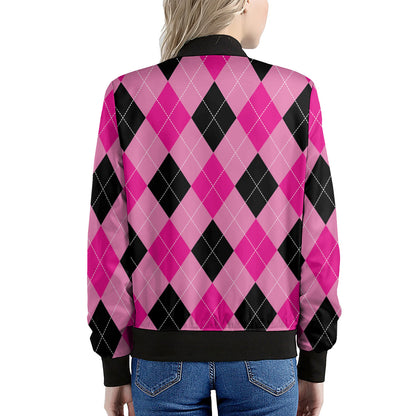 Pink And Black Argyle Pattern Print Women's Bomber Jacket