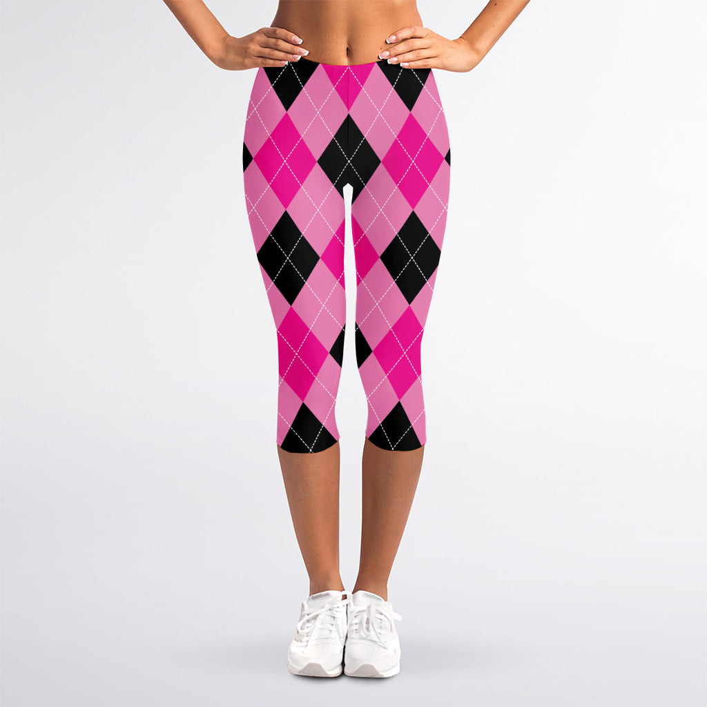 Pink And Black Argyle Pattern Print Women's Capri Leggings