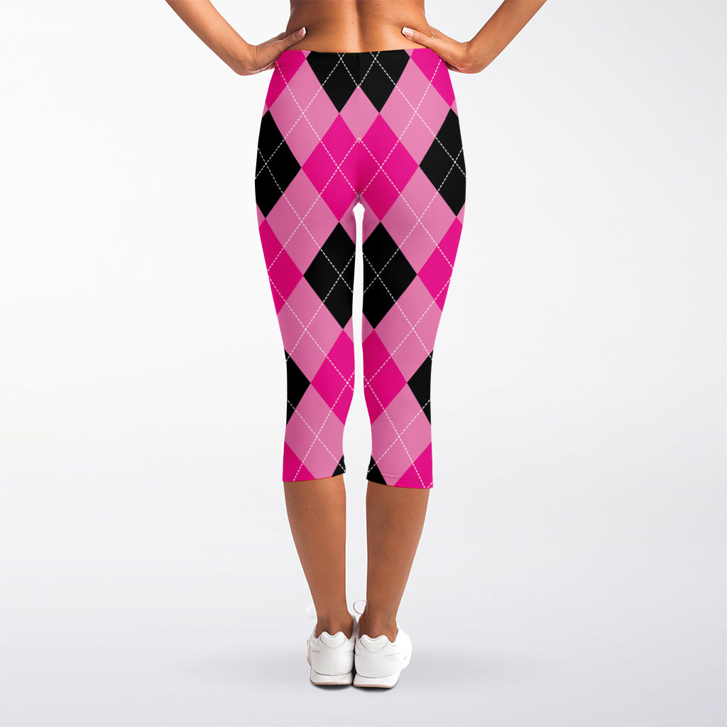 Pink And Black Argyle Pattern Print Women's Capri Leggings
