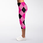 Pink And Black Argyle Pattern Print Women's Capri Leggings