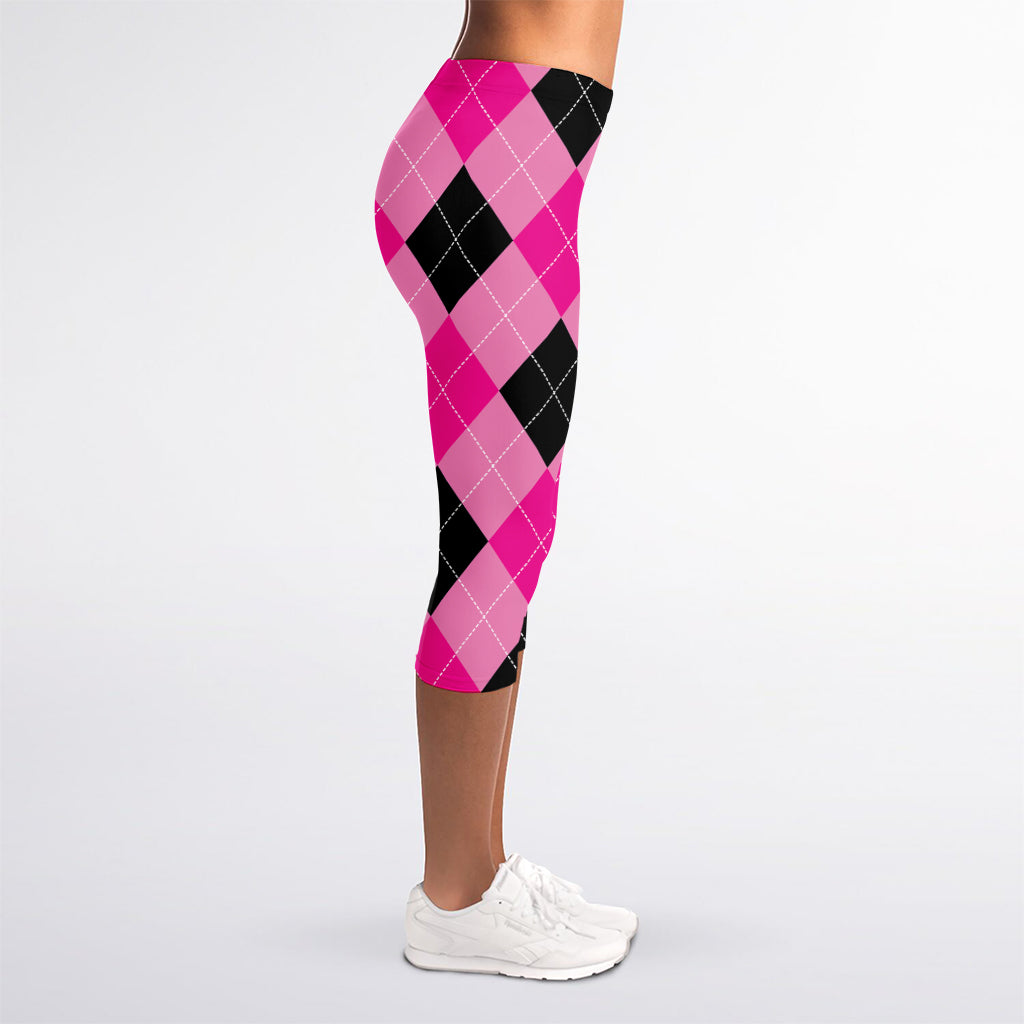 Pink And Black Argyle Pattern Print Women's Capri Leggings
