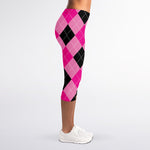 Pink And Black Argyle Pattern Print Women's Capri Leggings