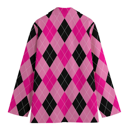 Pink And Black Argyle Pattern Print Women's Cotton Blazer
