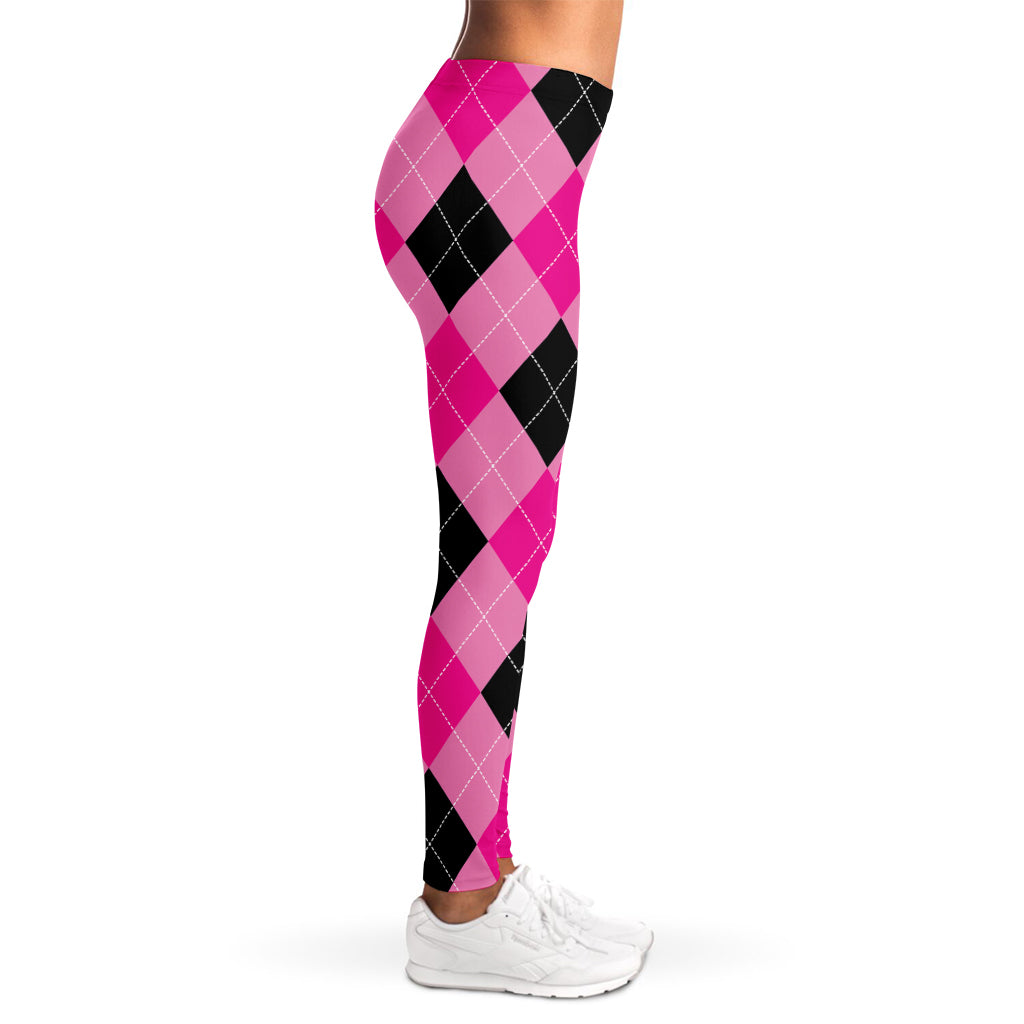 Pink And Black Argyle Pattern Print Women's Leggings