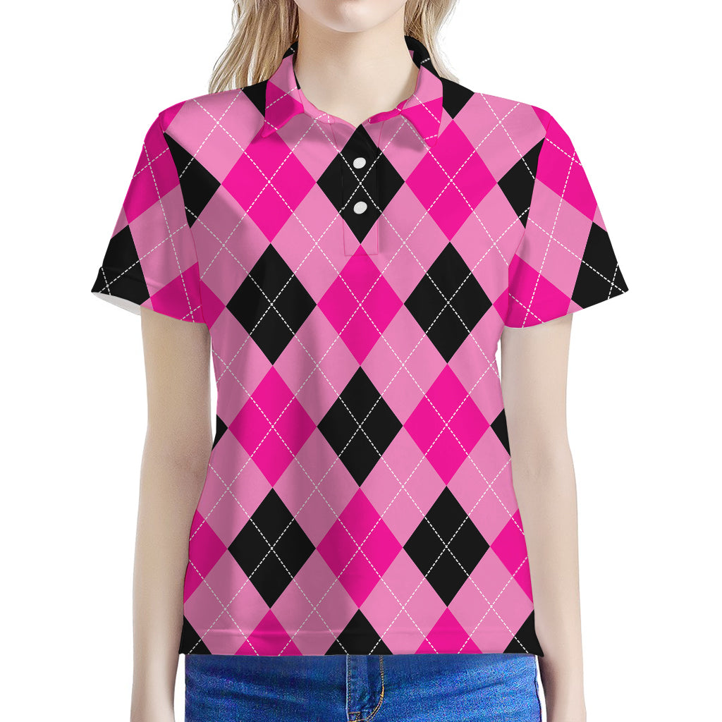 Pink And Black Argyle Pattern Print Women's Polo Shirt