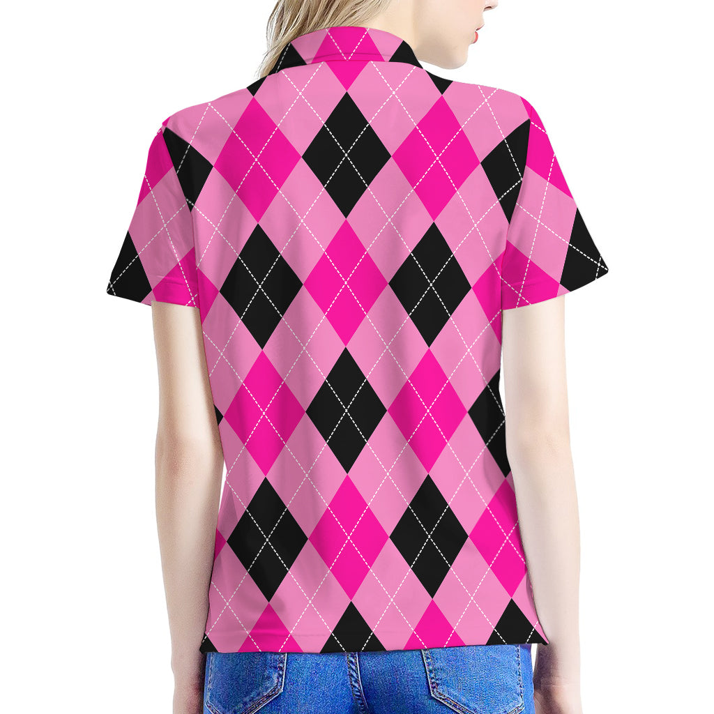 Pink And Black Argyle Pattern Print Women's Polo Shirt