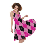 Pink And Black Argyle Pattern Print Women's Sleeveless Dress