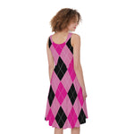 Pink And Black Argyle Pattern Print Women's Sleeveless Dress