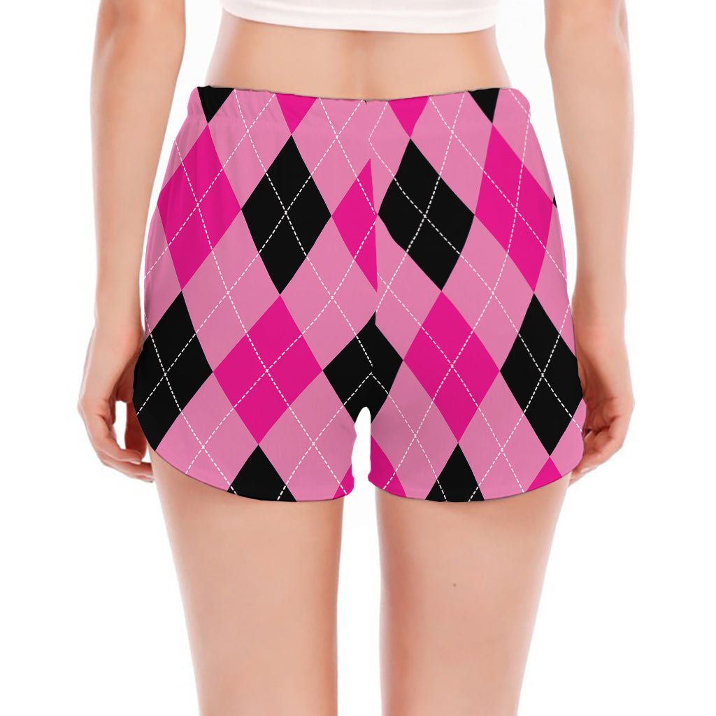 Pink And Black Argyle Pattern Print Women's Split Running Shorts