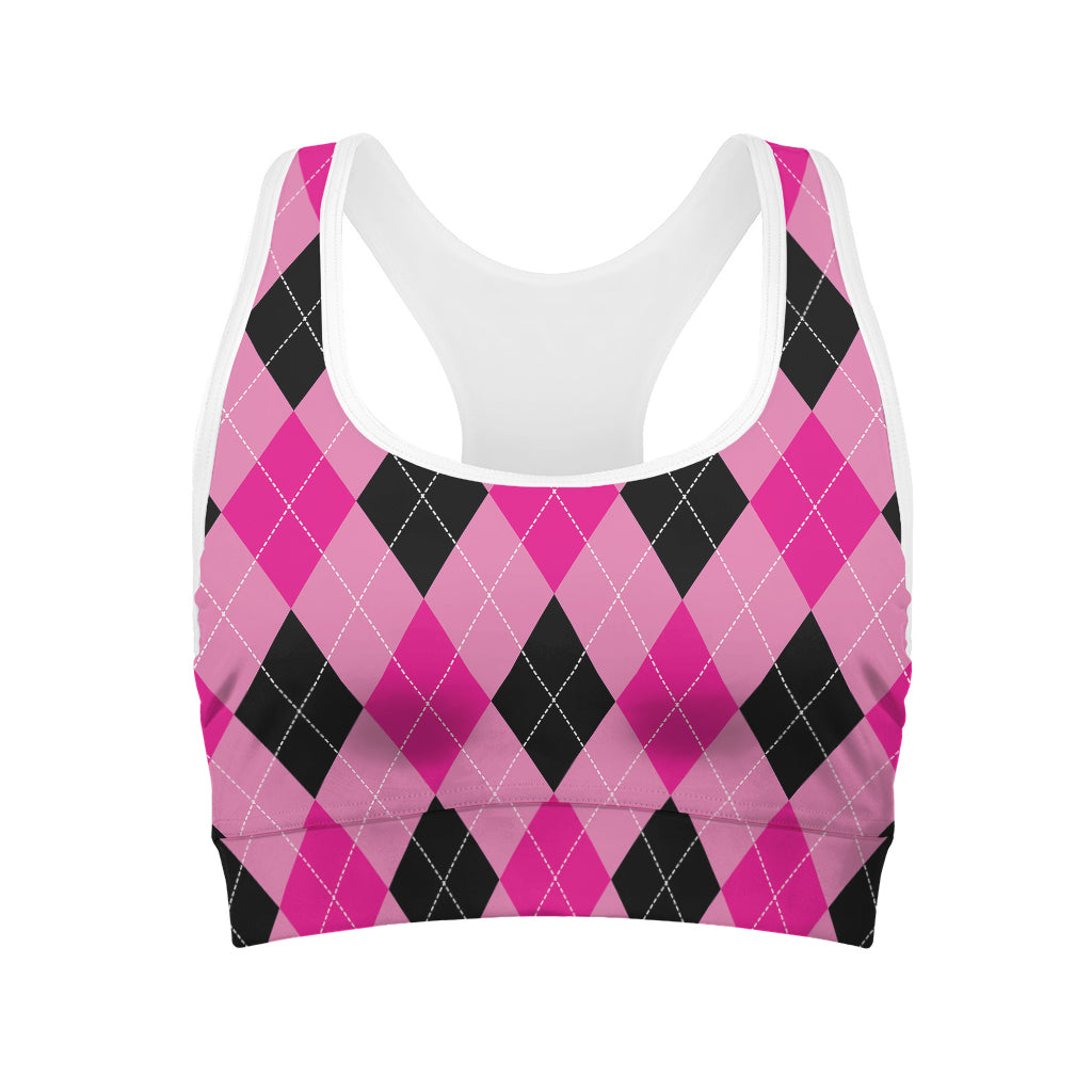 Pink And Black Argyle Pattern Print Women's Sports Bra