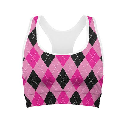 Pink And Black Argyle Pattern Print Women's Sports Bra