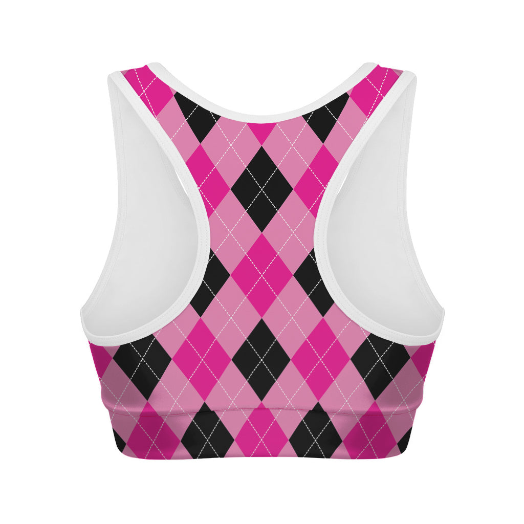 Pink And Black Argyle Pattern Print Women's Sports Bra