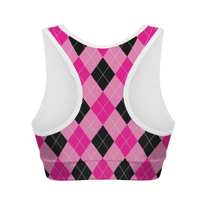 Pink And Black Argyle Pattern Print Women's Sports Bra
