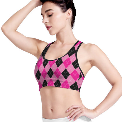 Pink And Black Argyle Pattern Print Women's Sports Bra
