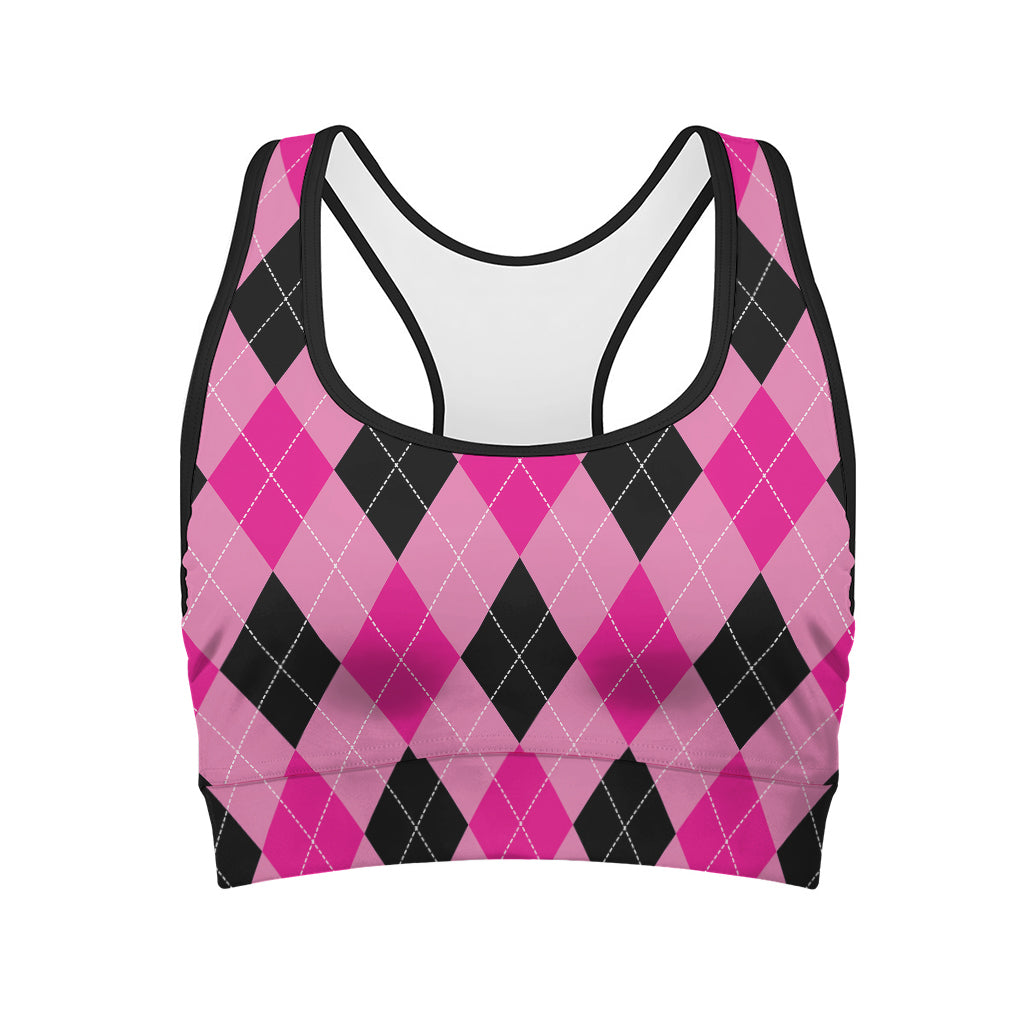 Pink And Black Argyle Pattern Print Women's Sports Bra