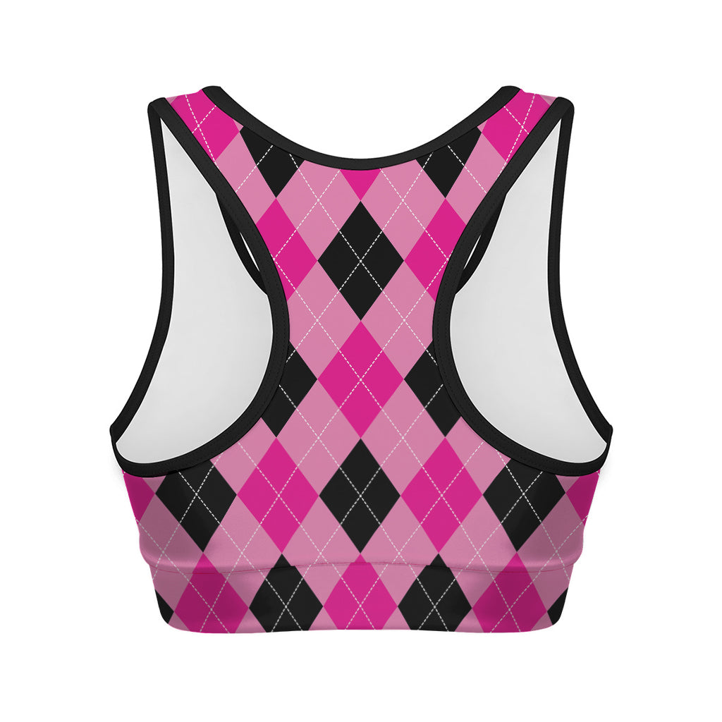 Pink And Black Argyle Pattern Print Women's Sports Bra