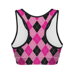 Pink And Black Argyle Pattern Print Women's Sports Bra