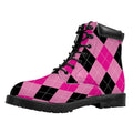 Pink And Black Argyle Pattern Print Padded Collar Lace Up Boots