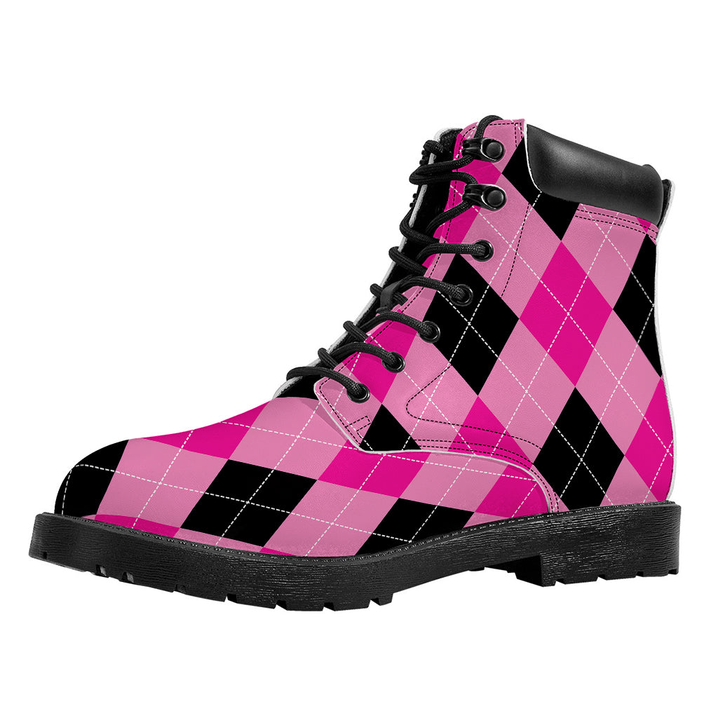 Pink And Black Argyle Pattern Print Work Boots