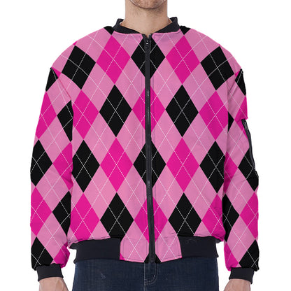 Pink And Black Argyle Pattern Print Zip Sleeve Bomber Jacket