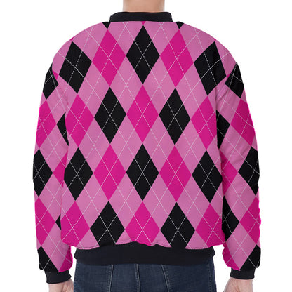 Pink And Black Argyle Pattern Print Zip Sleeve Bomber Jacket