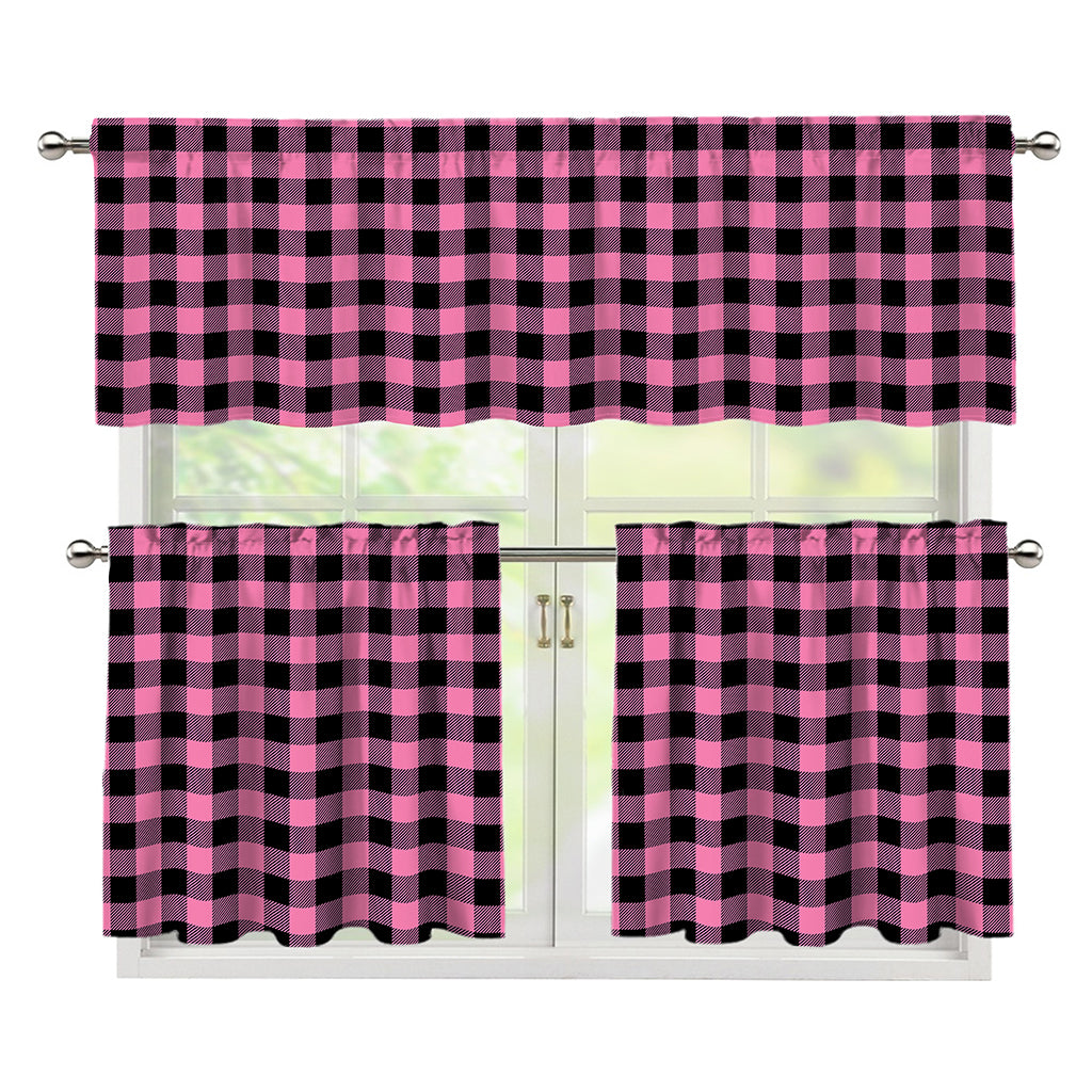 Pink And Black Buffalo Check Print 3 Piece Kitchen Curtains