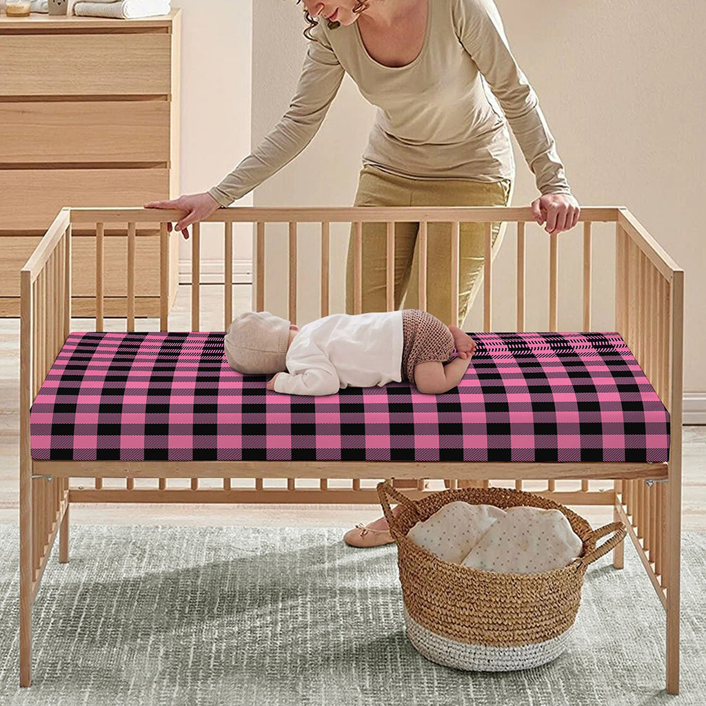 Pink And Black Buffalo Check Print Baby Crib Sheet