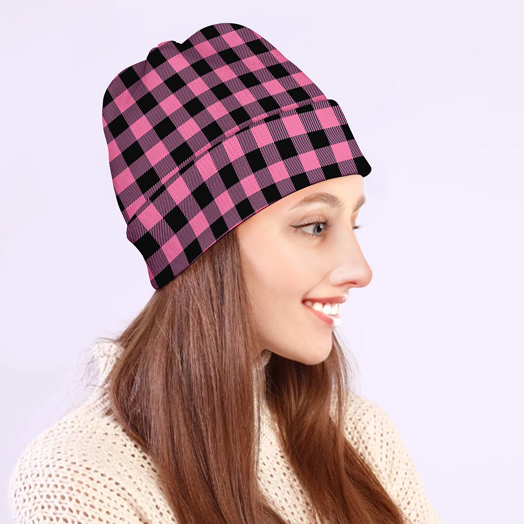 Pink And Black Buffalo Check Print Beanie