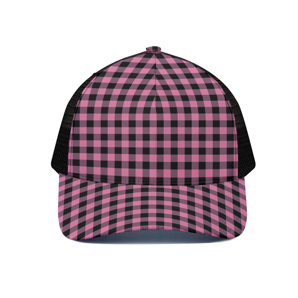 Pink And Black Buffalo Check Print Black Mesh Trucker Cap
