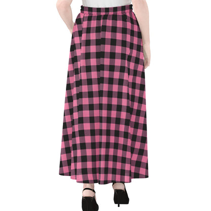 Pink And Black Buffalo Check Print Chiffon Maxi Skirt