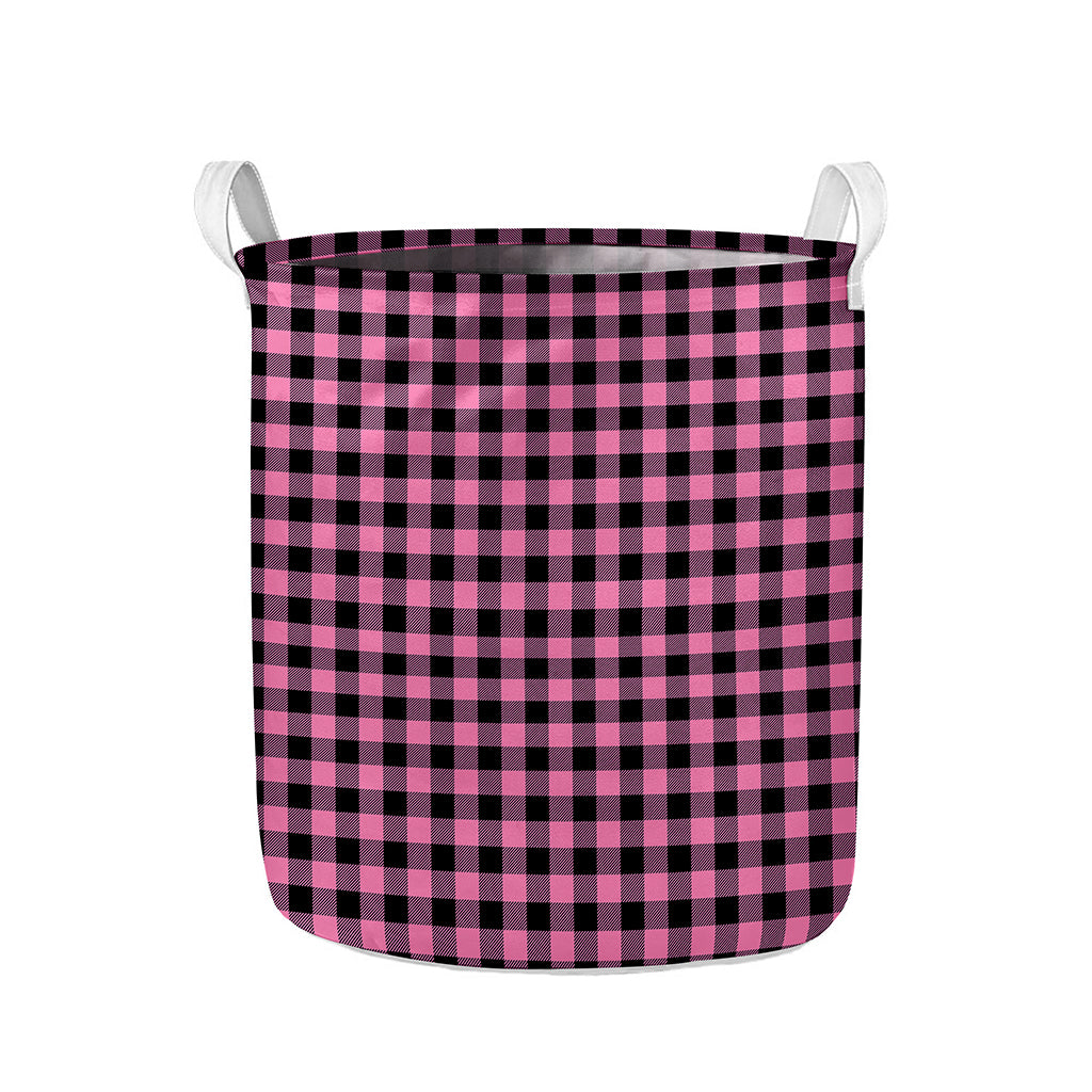Pink And Black Buffalo Check Print Collapsible Laundry Basket