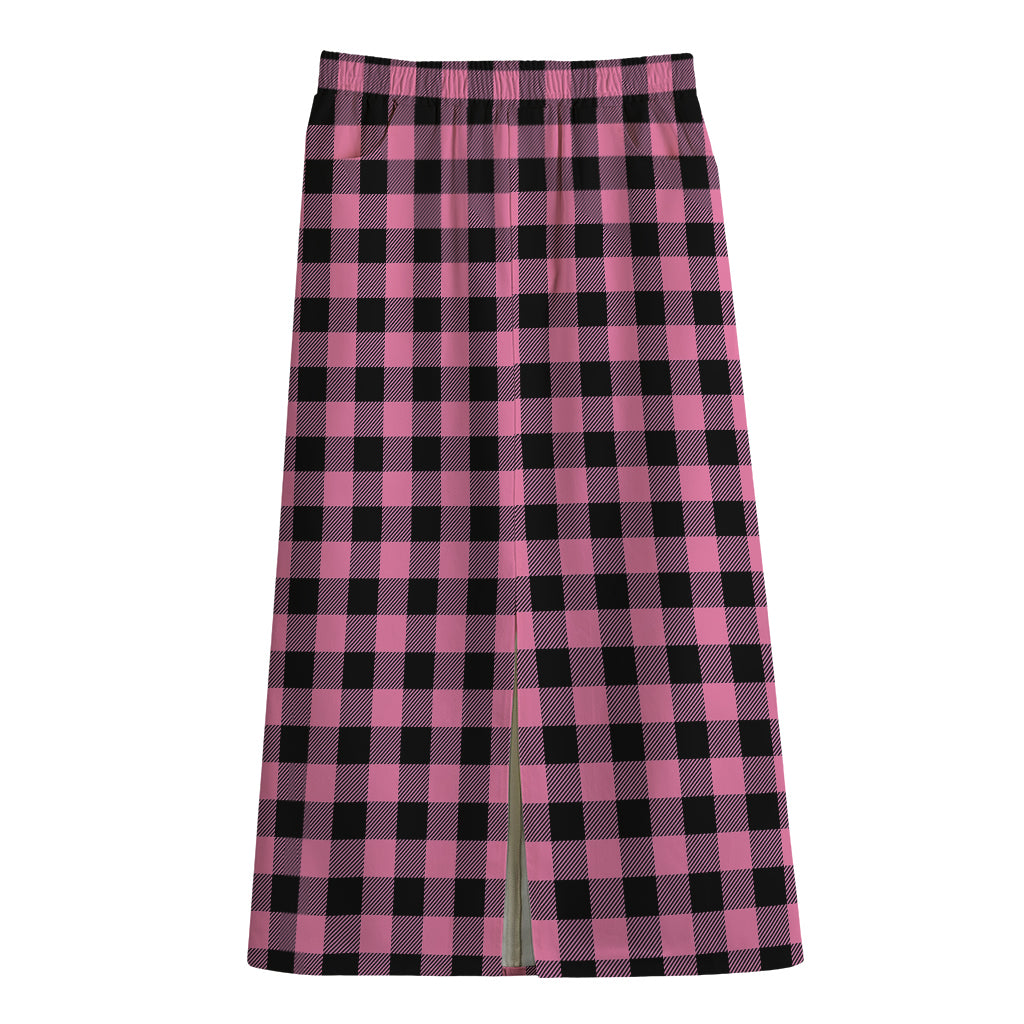 Pink And Black Buffalo Check Print Cotton Front Slit Maxi Skirt