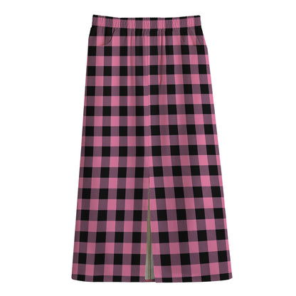Pink And Black Buffalo Check Print Cotton Front Slit Maxi Skirt