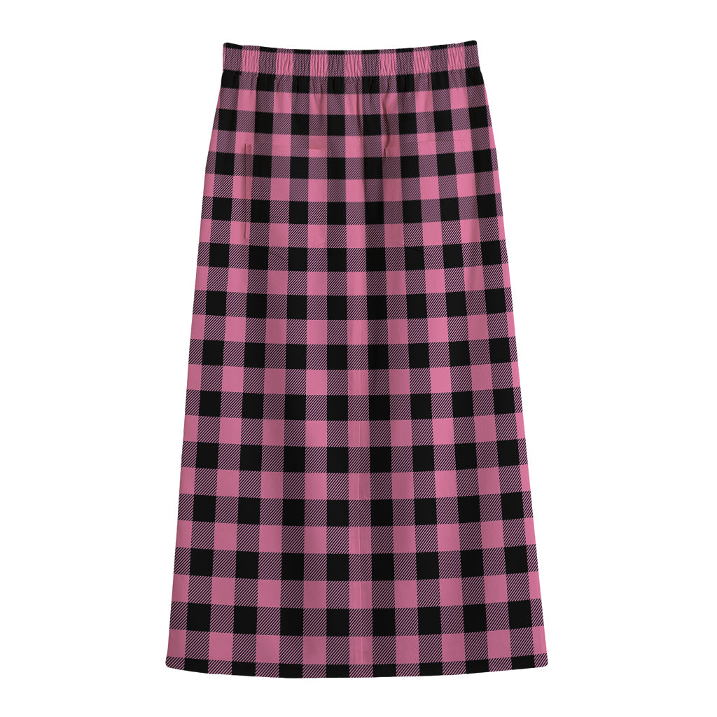 Pink And Black Buffalo Check Print Cotton Front Slit Maxi Skirt