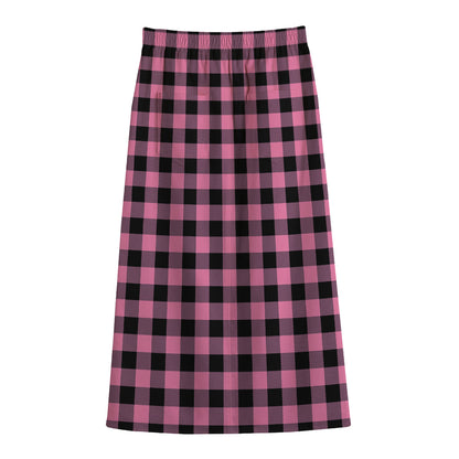 Pink And Black Buffalo Check Print Cotton Front Slit Maxi Skirt