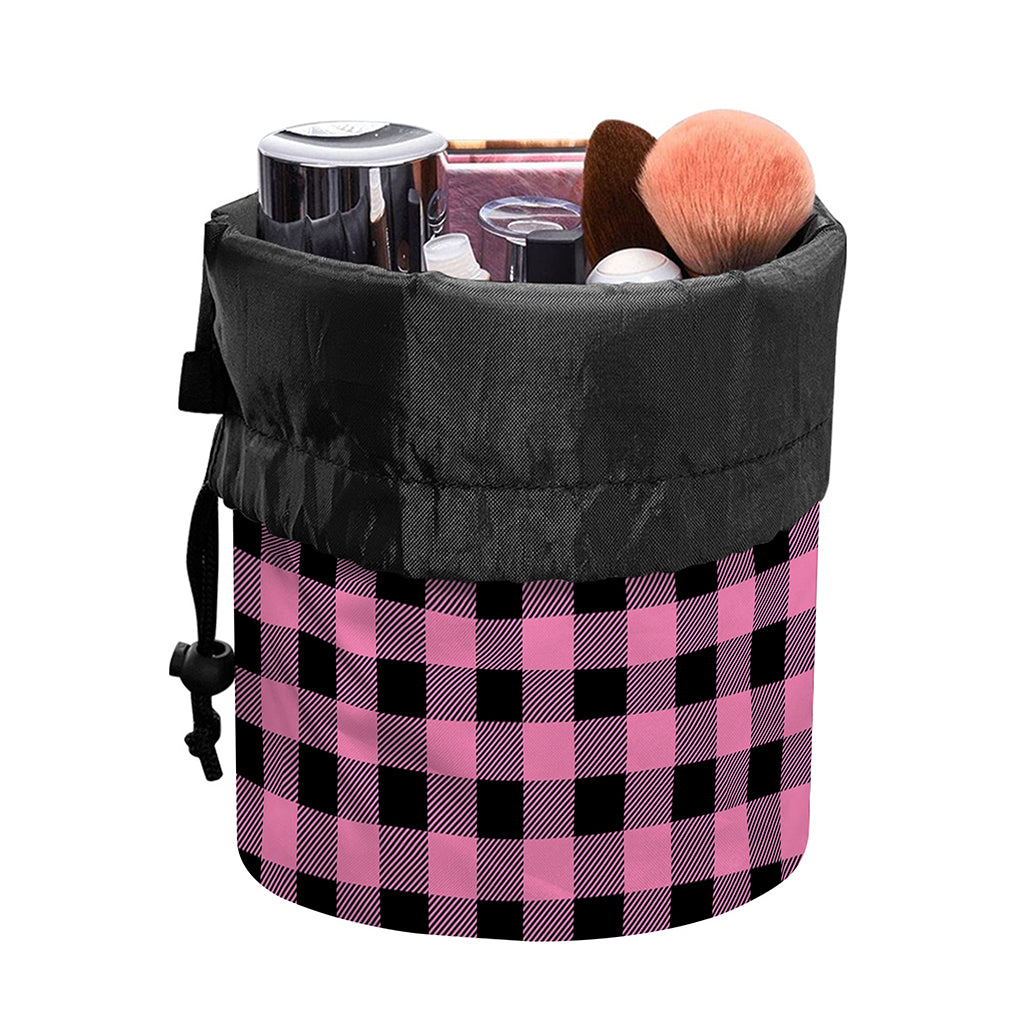 Pink And Black Buffalo Check Print Drawstring Makeup Bag